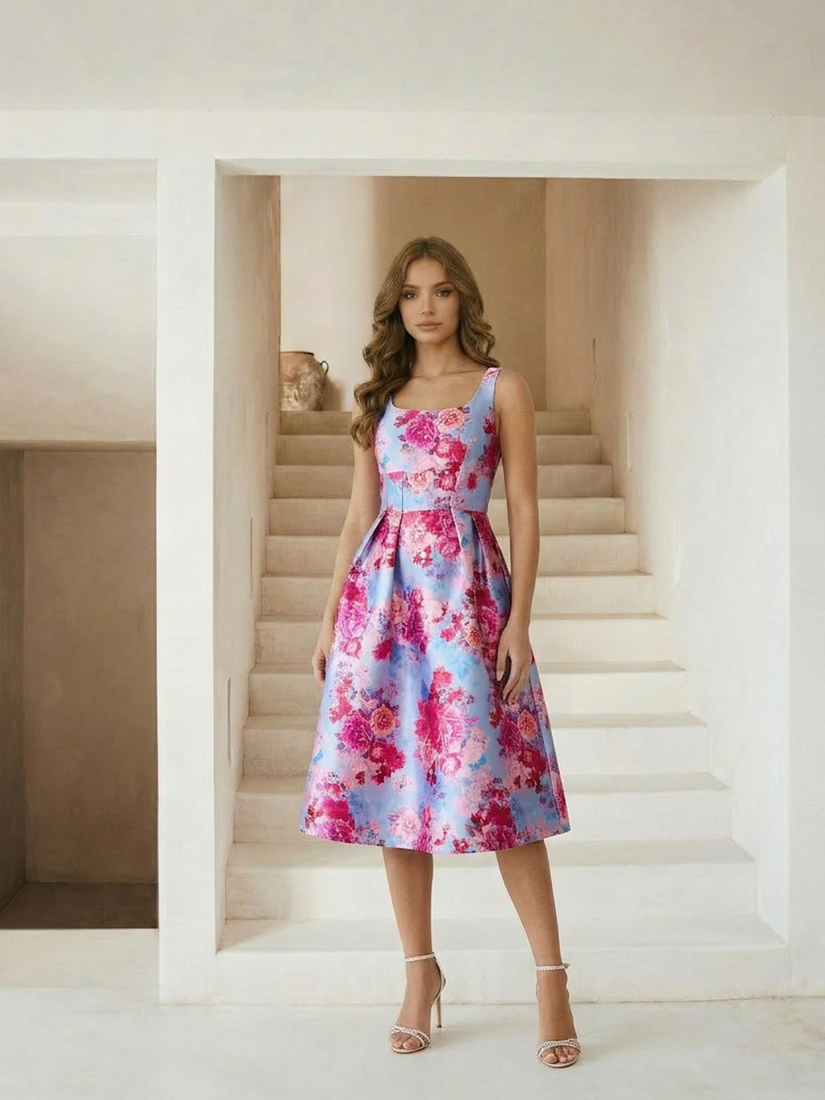 Sleeveless Floral Fit and Flare Midi Dress in Blue