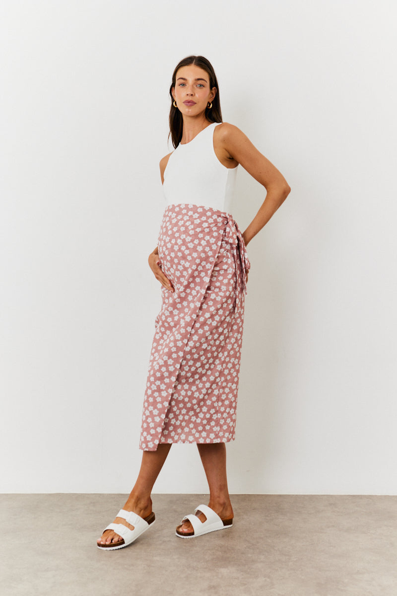 Maternity Floral Print Wrap Front Midi Skirt