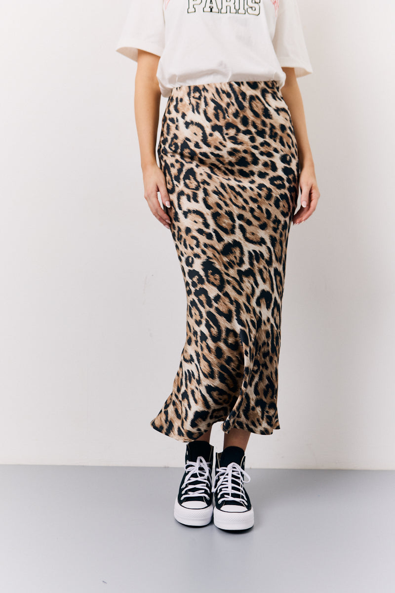 Brown Leopard Print Satin Midaxi Skirt
