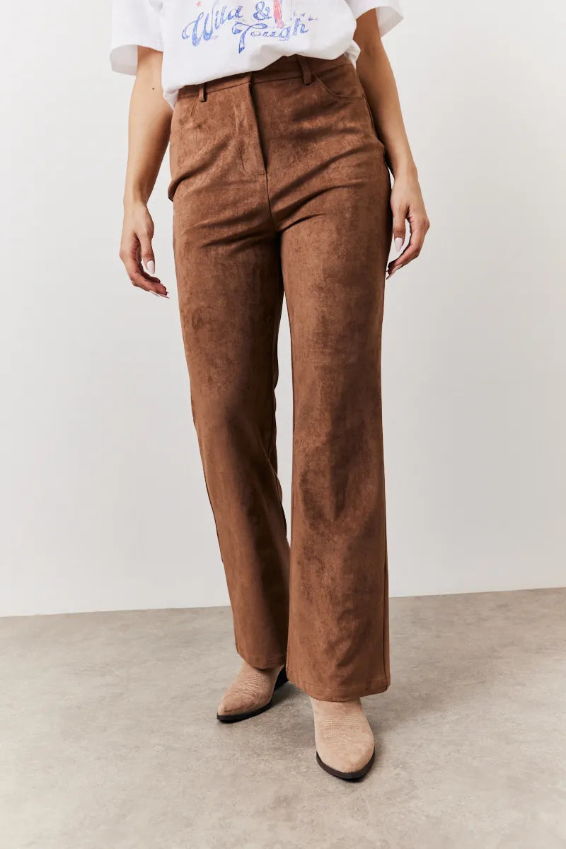 In The Style Faux Suede Straight Leg Trouser in Tan