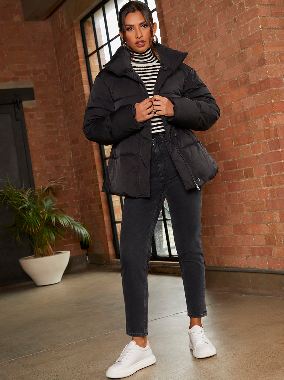 Shirred Waist Short Padded Jacket in Black