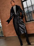 Faux Leather Longline Coat with Faux Fur Trim in Black