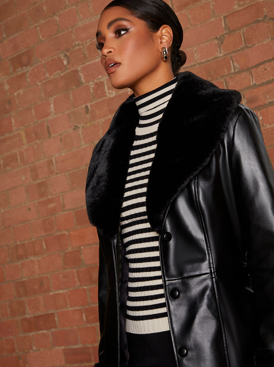 Faux Leather Longline Coat with Faux Fur Trim in Black