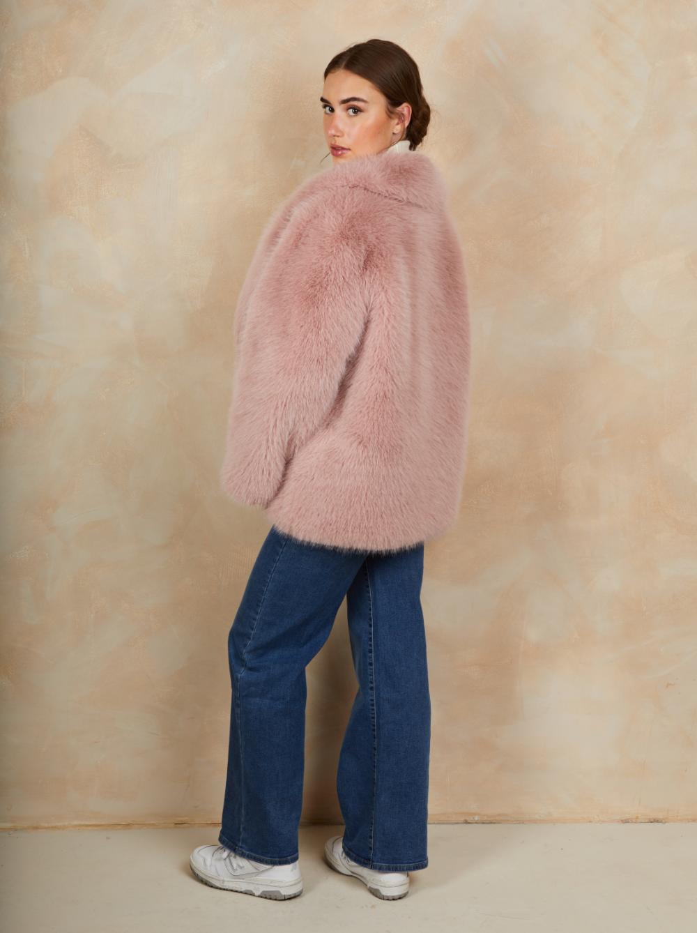 Faux Fur Mid Length Coat in Pink