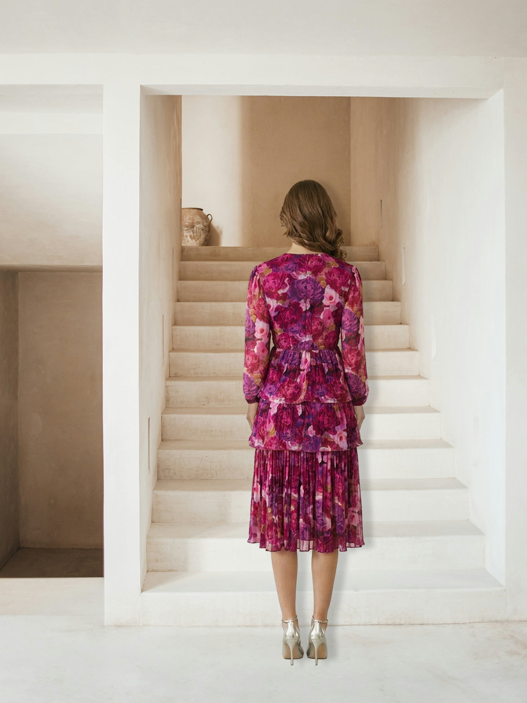 Long Sleeve Floral Printed Mesh Tiered Midi Dress