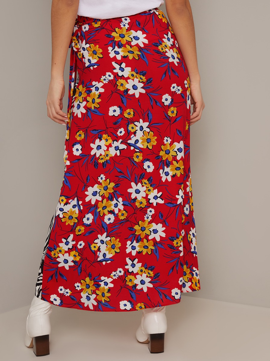 Floral Contrast Print Longline Midi Skirt in Multi